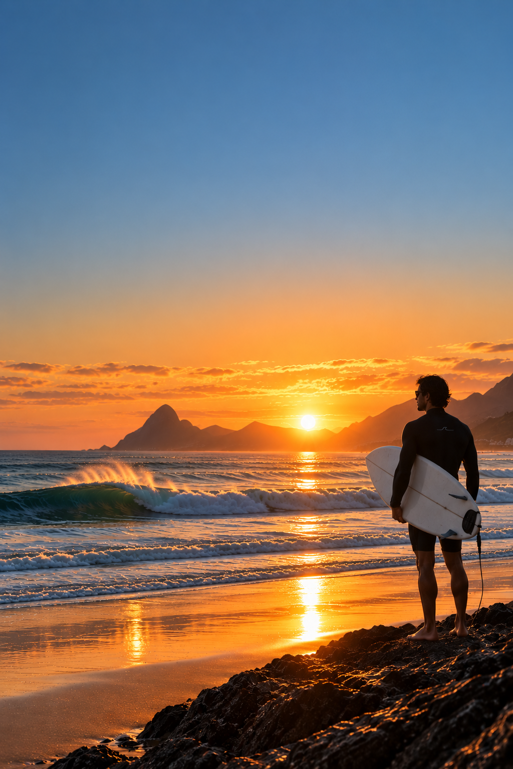 Surfista diante do oceano ao pôr do sol