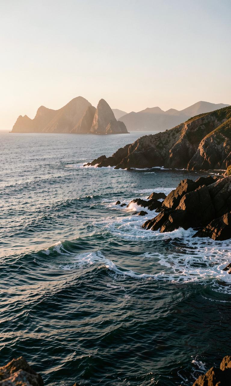 Oceano e costa rochosa sob a luz do fim de tarde