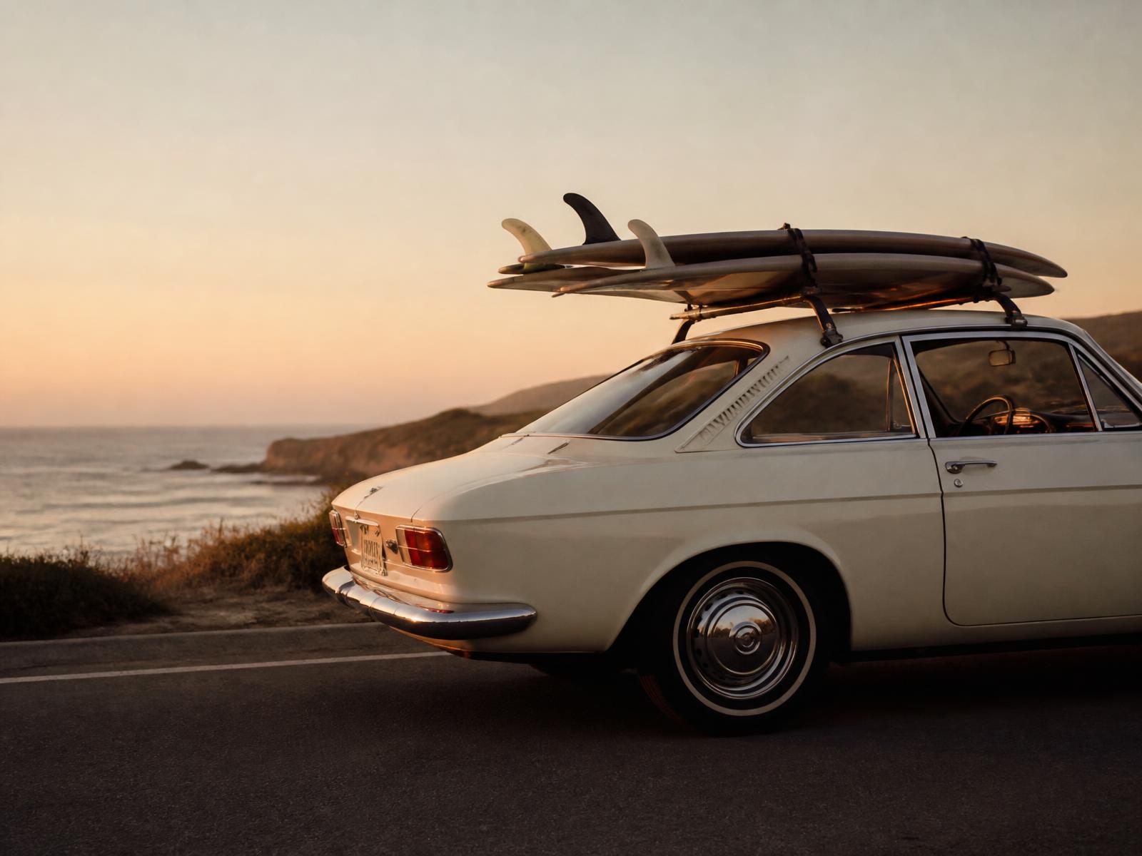 Carro antigo com pranchas de surf em estrada litorânea ao pôr do sol